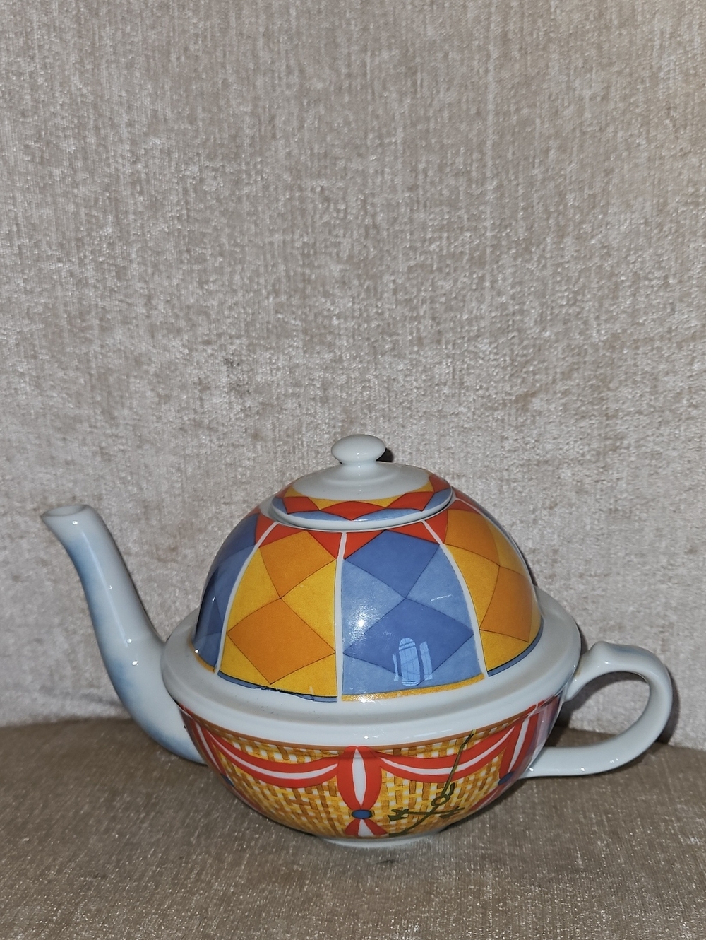 Williams Sonoma Colorful Geometric Ceramic Teapot - Blue & Yellow & Orange